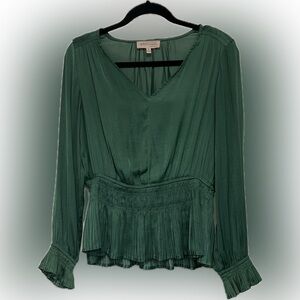 Philosophy Brushed Satin Peplum Smocked Green Tiny Pleats Hem LS - Top size M